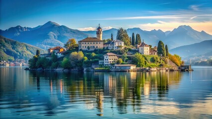 Fototapeta premium Serene lake scenery with ancient Isola San Giulio in the background