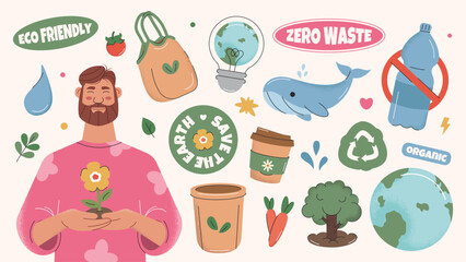 Fototapeta premium Eco-friendly stickers collection. Elements for Earth or World Environment Day in flat hand drawn style. Zero waste, recycle, save Earth, less plastic concepts.