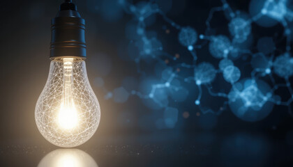 glowing light bulb with intricate wire design, illuminating against blue abstract background, symbolizes innovation and