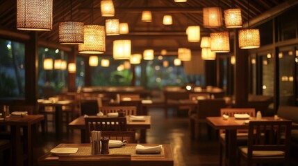 Obraz premium Cozy evening ambiance in empty wooden restaurant with warm lighting