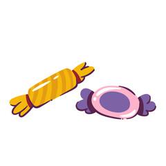 Candy with foil wrapper. Yellow, pink and purple glossy packages with lollipop, caramel or jelly. Birthday dessert mascot, sweet candy packs cartoon vector illustration