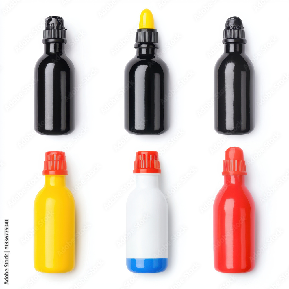 Poster a vibrant set of four distinctively colored bottles arranged neatly on a surface with ample copy spa