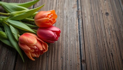 Red Tulips, Beautiful bouquet of red and pink tulips on wooden background, Picture of three tulips arrangement laying on wooden table with blurred background