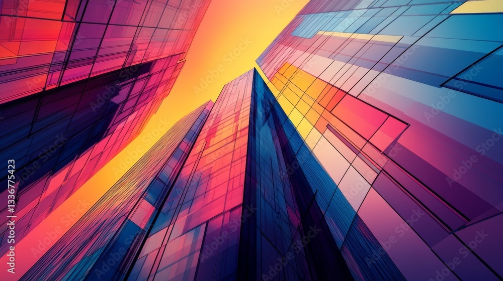 Poster creating an abstract design of a highrise business building in an urban environment for gigapixel vi