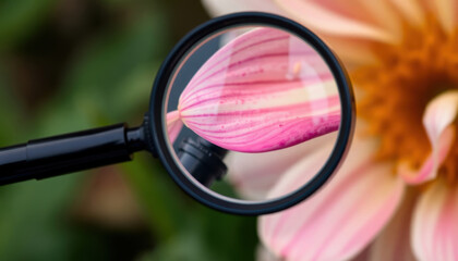 Fototapeta premium close up view of flower petal magnified through lens, showcasing delicate pink hues and intricate details, evoking sense of