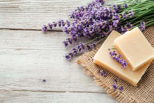 A goat milk soap bar on a burlap cloth, surrounded by lavender sprigs, highlighting artisanal farm products