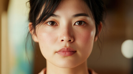 Naklejka premium close up portrait of mid 20s East Asian woman with natural makeup, soft lighting, and serene expression, set against blurred indoor background