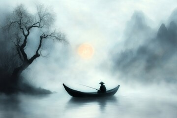 A gothic depiction of a lone fisherman on a foggy river at dusk, with dark, twisting trees looming in the background and an ominous sense of mystery in the air