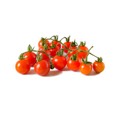 Bunch of fresh of red tomatoes with green stems on white background.