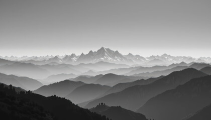 Obraz premium Majestic mountain range in grayscale, showcasing layered peaks and valleys, evoking sense of tranquility and vastness