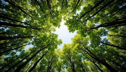 The bottom up view of the green mangrove forest canopy reveals a dense network of interlocking branches and leaves