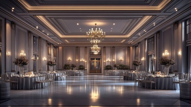 A luxurious ballroom with elegant finishes and decorations, perfect for advertising wedding events and holiday parties.