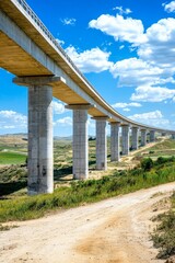 A modern bridge spans across a scenic landscape under a bright blue sky