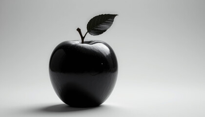 shiny black apple with green leaf stands out against minimalistic background, evoking sense of elegance and simplicity