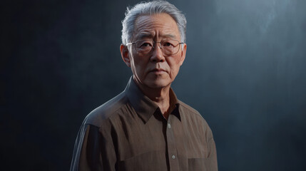 Obraz premium thoughtful elderly man with glasses, wearing brown shirt, stands against dark, moody background. lighting highlights his facial features, evoking sense of wisdom and introspection