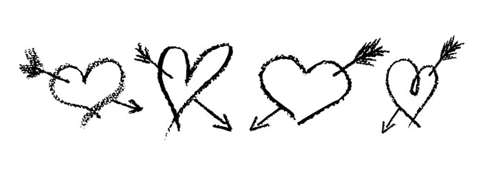 Set of black hearts signs drawn by wax pencil. Love symbols in doodle style. Collection of hand drawn kid hearts with arrow stuck in its. Valentines day or wedding card elements. Vector illustration.