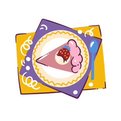 Serving triangle cartoon slice of cake, top view. Piece of cake with strawberry and cream on plate, serve with spoon and napkin. Birthday mascot, dessert cartoon illustration