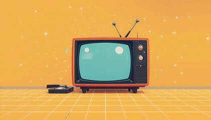 Retro TV and VCR on a Mustard Yellow Background