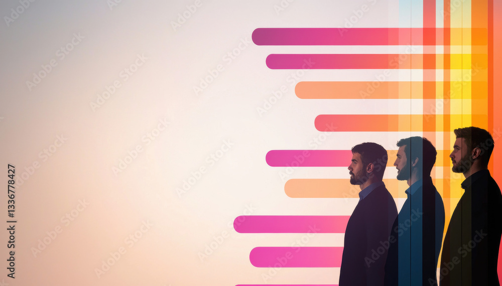 Poster three men standing in profile against colorful abstract background with horizontal lines