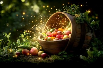 Naklejka premium A magical scene of a glowing cornucopia overflowing with vibrant, enchanted fruits and vegetables, surrounded by fireflies and soft golden light in a mystical farm setting