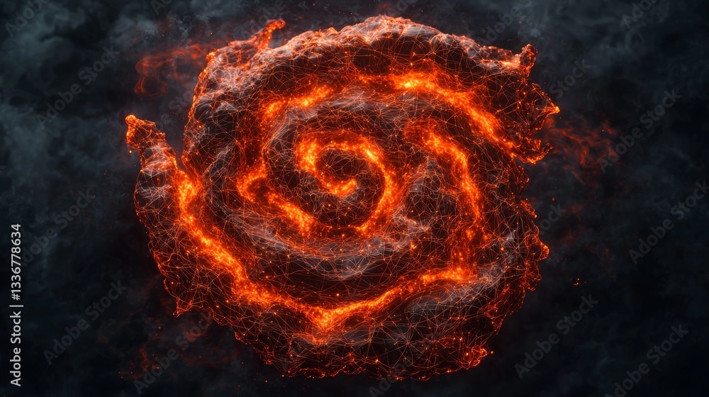 Poster fiery abstract swirling nebula glowing in dark cosmic void digital art sci-fi environment elegant vi