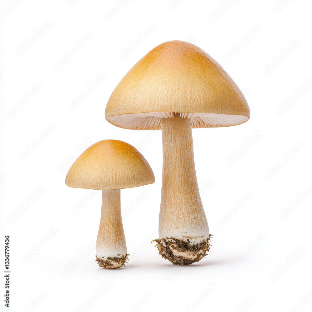 Poster two fresh mushrooms displayed on a clean white background emphasizing their unique shapes and textur