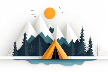 A minimalist illustration of a tent pitched on a lake edge, with simple blue water, green trees, and a yellow tent drawn in clean, geometric shapes