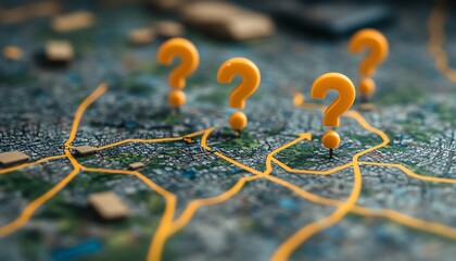 A map showing unclear paths, with dotted lines and question marks, symbolizing uncertainty and confusion in navigation