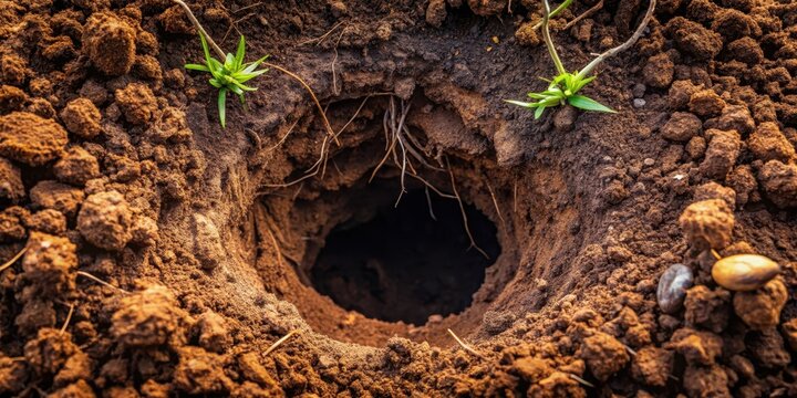 A deep drill hole revealing a rich layer of dark brown soil with roots and underground insects, earthy
