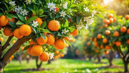 Colorful orange tree with vibrant green leaves and fragrant white flowers in a sunny orchard, garden, leaf,  garden, leaf, bloom