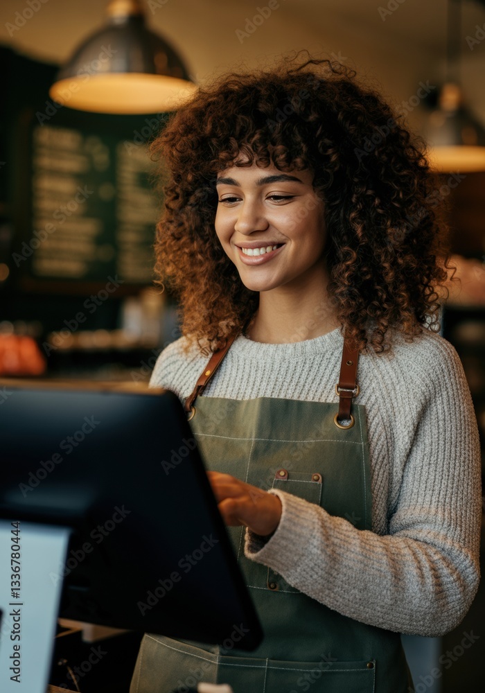 Poster smiling woman at a cafe counter using a digital tablet for orders