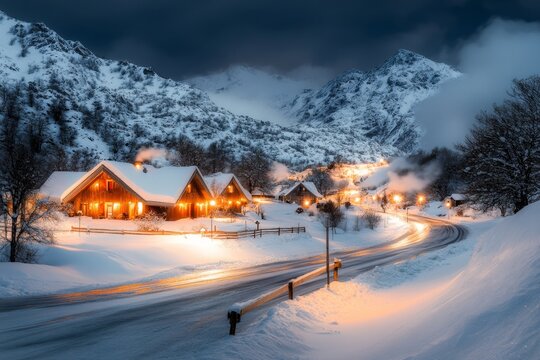 A picturesque mountain village street covered in snow, with warm light glowing from windows and smoke curling from chimneys