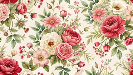 Vintage floral pattern with pink and red flowers in a retro style featuring delicate petals and greenery, set against a soft white background , floral design, classic patterns