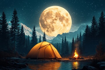 A pixel art scene of a tent pitched beside a forest lake, with animated ripples in the water, a small campfire, and pixelated stars twinkling in the night sky