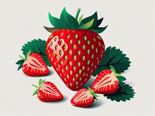 Vibrant Strawberries with Green Leaves for Fresh Produce Illustration