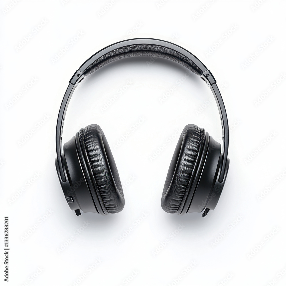 Poster an elegant pair of headphones displayed in an office context showcasing a realistic representation o
