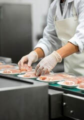 Fototapeta premium Worker packaging fresh chicken fillets in a food processing facility