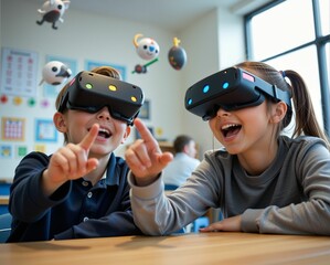 Two children joyfully engage with virtual reality headsets, immersed in a playful educational environment filled with colorful floating objects.