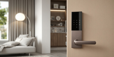 A modern smart door lock in a mocha mousse finish, featuring a sleek design with a glossy touchpad and metallic