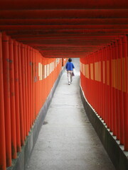 赤い鳥居の中を歩く
