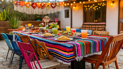 Beautifully decorated outdoor fiesta table with colorful serape, food, drinks, and festive string lights. Inviting scene!