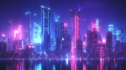 Fototapeta premium Neon Cityscape at Night: A Futuristic Metropolis Reflecting in Calm Waters