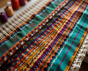 A vibrant textile displaying intricate patterns and colors, showcasing craftsmanship and creativity in weaving.