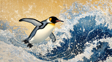 Fototapeta premium A stylish and dynamic image of a penguin, executed in traditional Japanese aesthetics. 