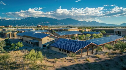 Solar Panels on Buildings Near Mountain Range