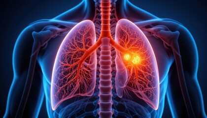 3D Medical Illustration of Lungs with highlighted Lung Cancer