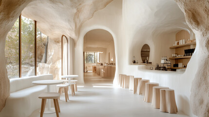 Modern mediterranean cave bar restaurant interior design white curved walls wooden stools organic architecture minimalist