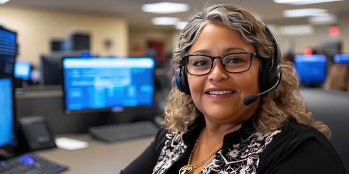 friendly older latina female customer service worker talking on headset in cubicle at call center 