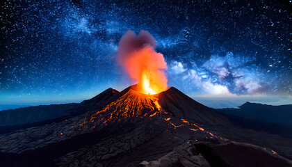 Erupting Volcano Under Starry Night Sky &ndash; Breathtaking Cinematic View

