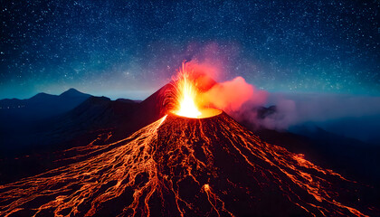 Fiery Volcano Erupting Under a Stunning Galaxy Backdrop

